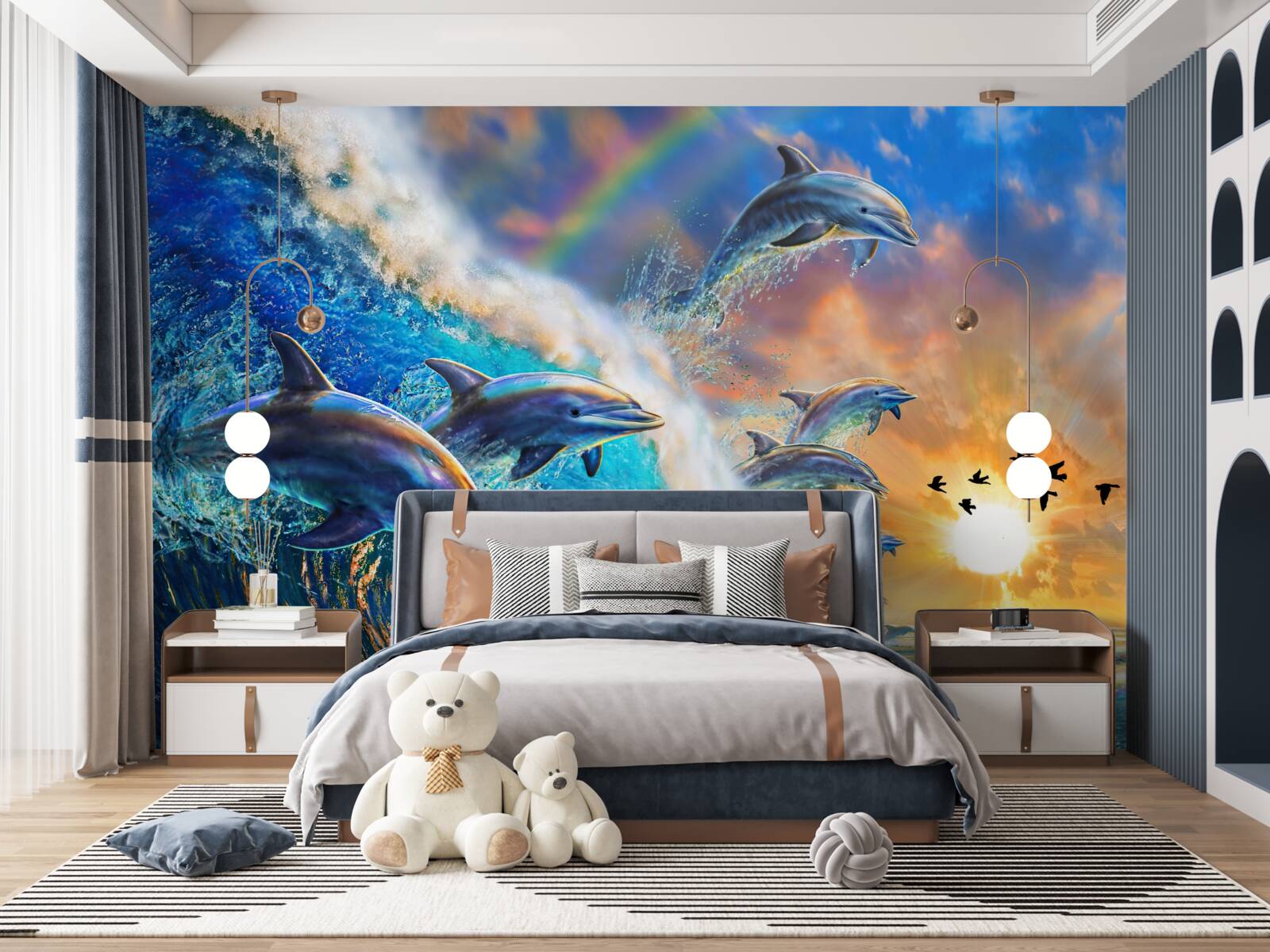 Fototapeta o zachodzie słońca delfiny wyskakują z wody