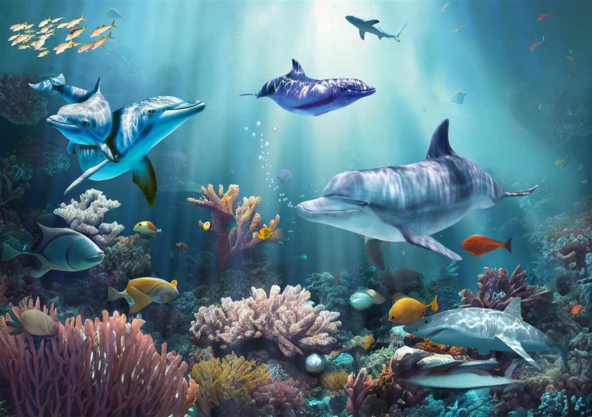 Fototapeta ryby i delfiny pływają razem