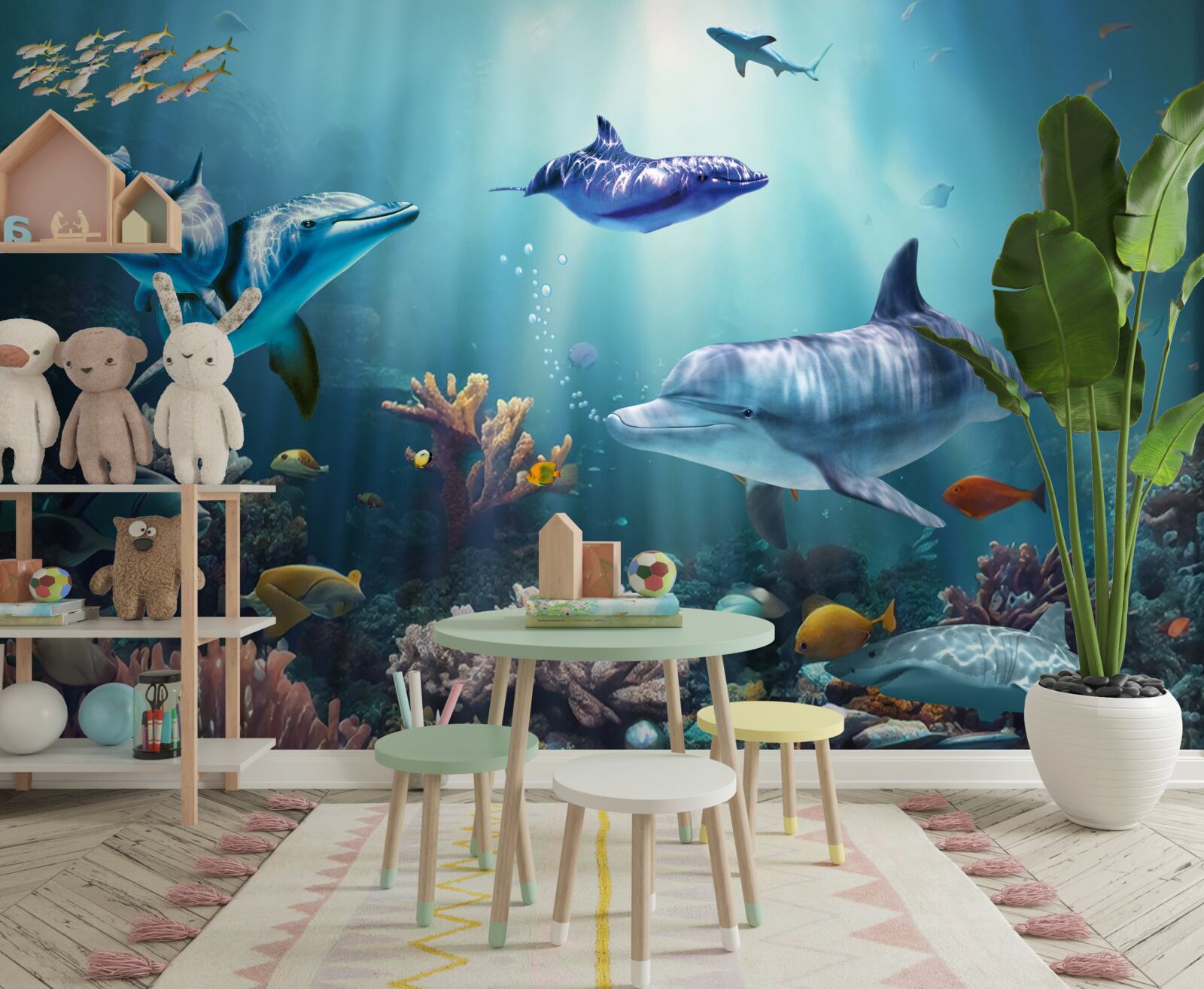 Fototapeta ryby i delfiny pływają razem