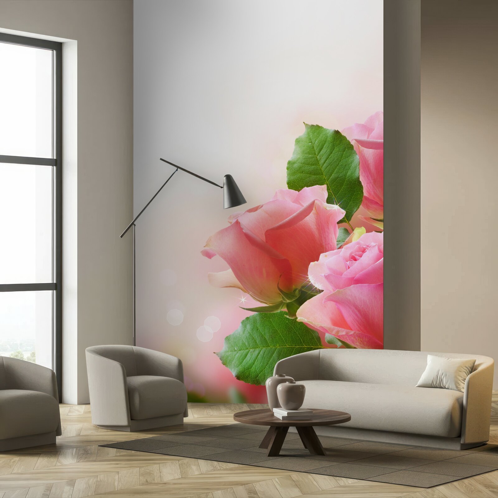 Fototapeta miękkie karmazynowe róże z zielonymi liśćmi