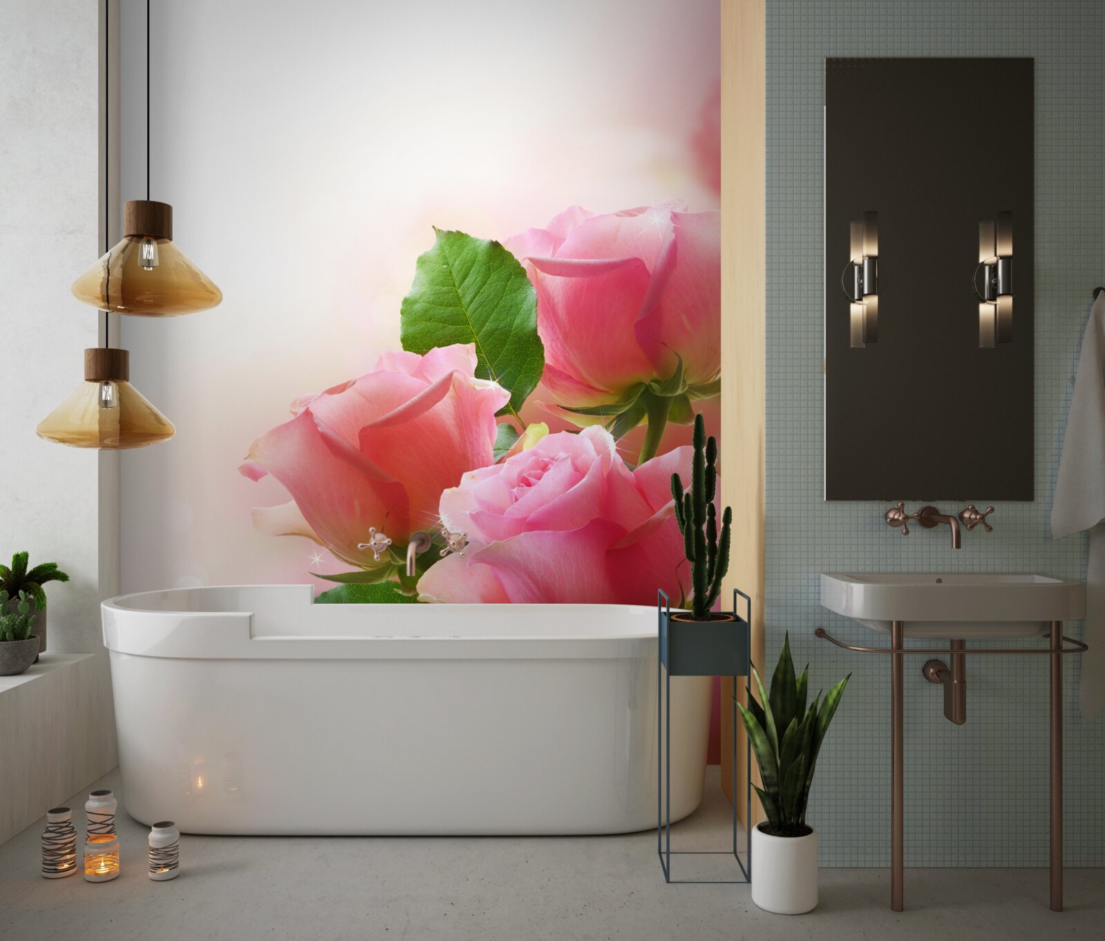 Fototapeta miękkie karmazynowe róże z zielonymi liśćmi