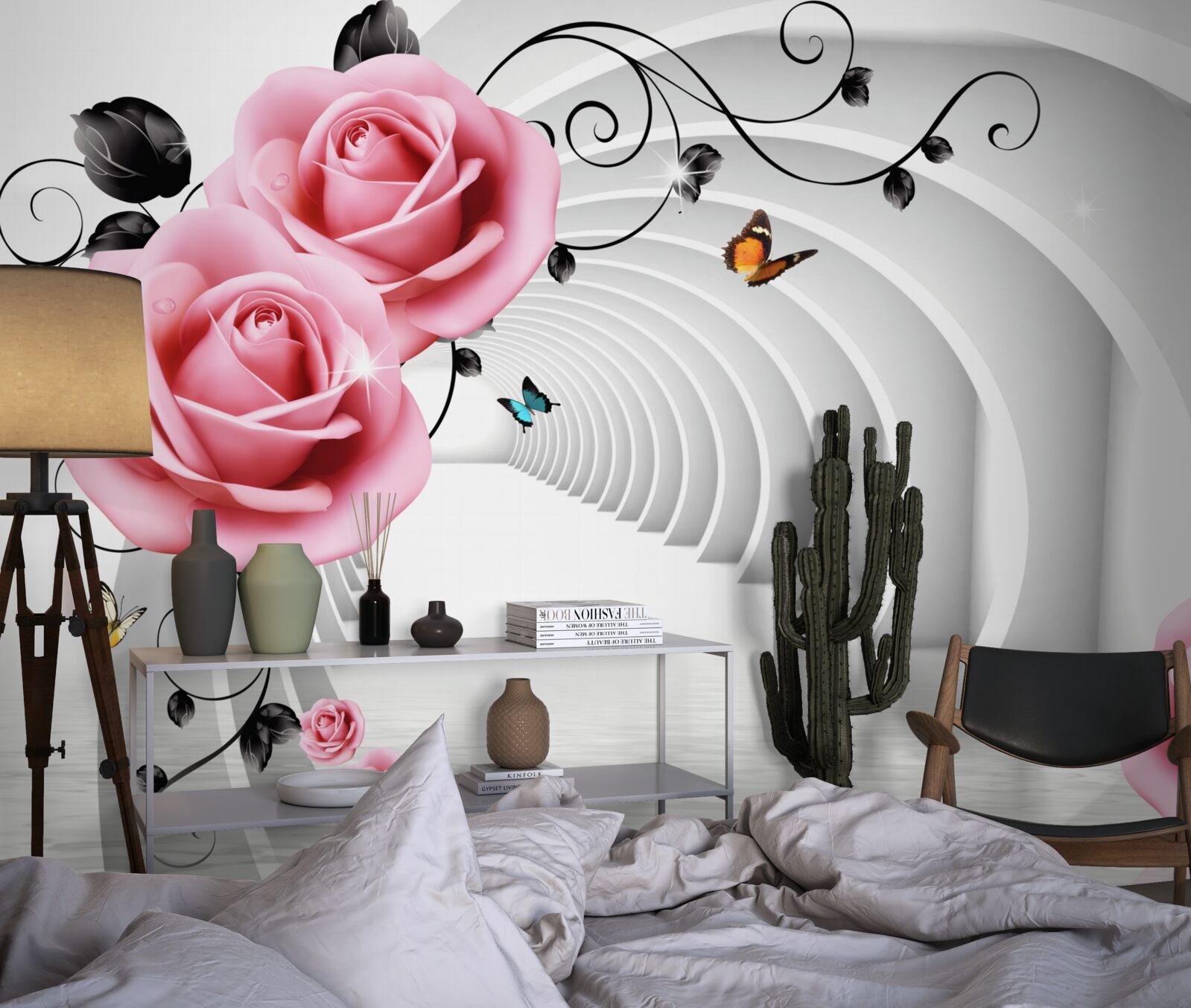 Fototapeta nieustanne świecące przejście i różowawe kwiaty róży