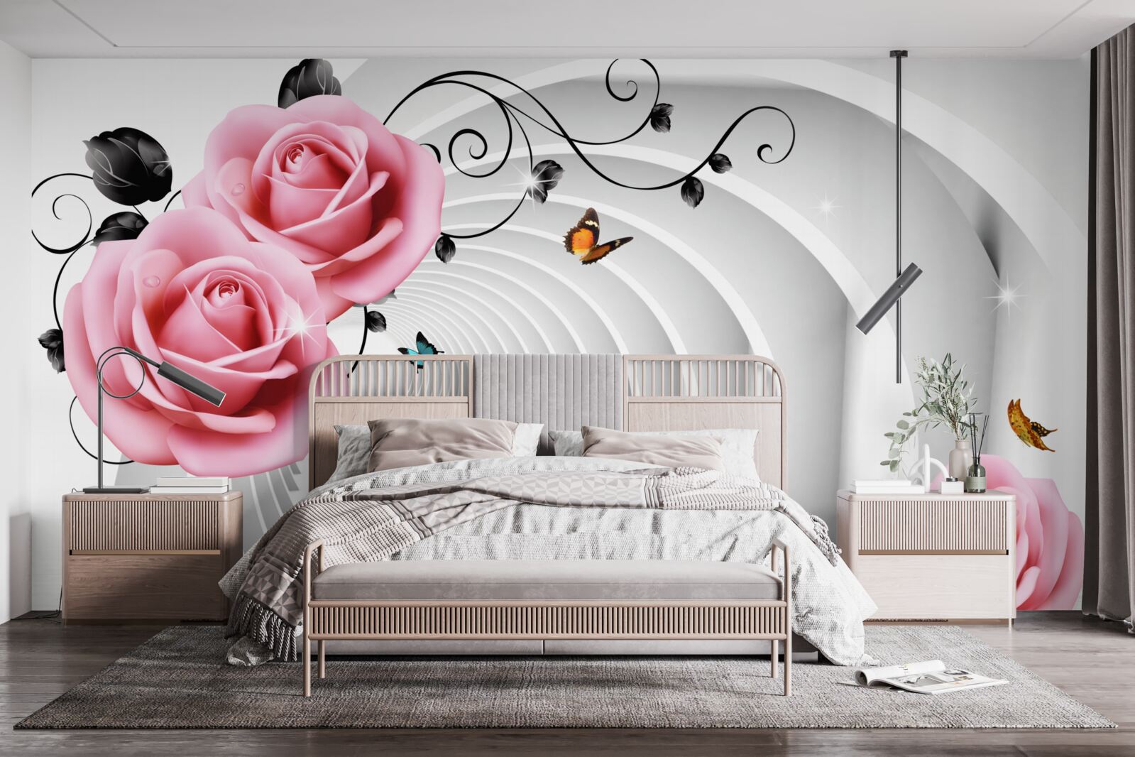 Fototapeta nieustanne świecące przejście i różowawe kwiaty róży