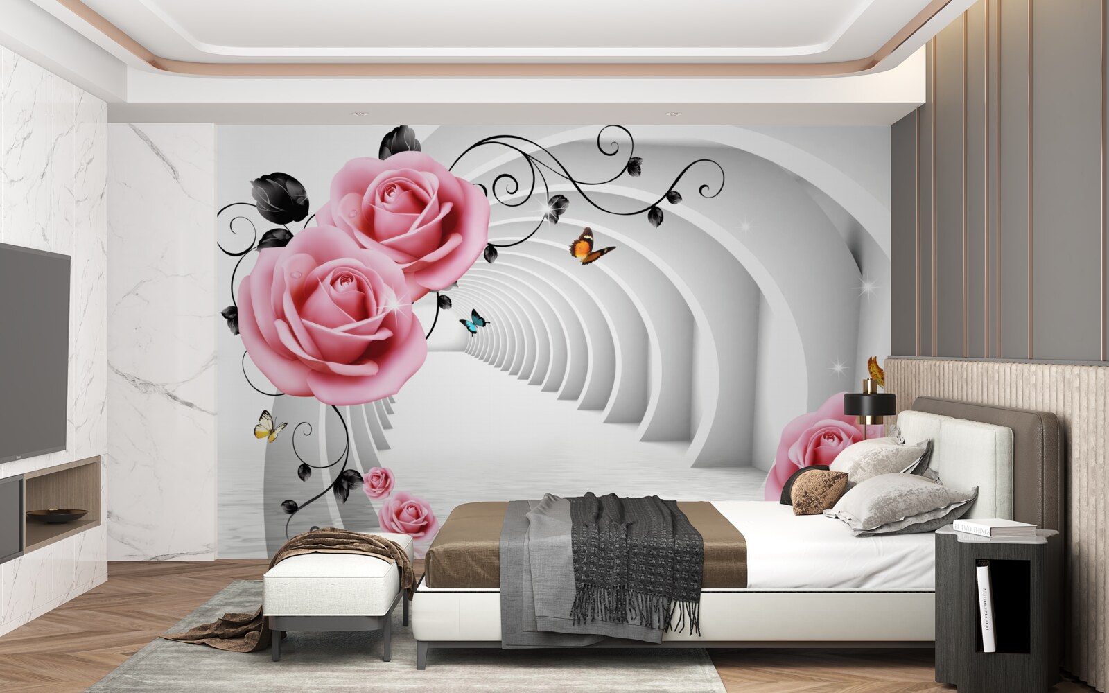 Fototapeta nieustanne świecące przejście i różowawe kwiaty róży