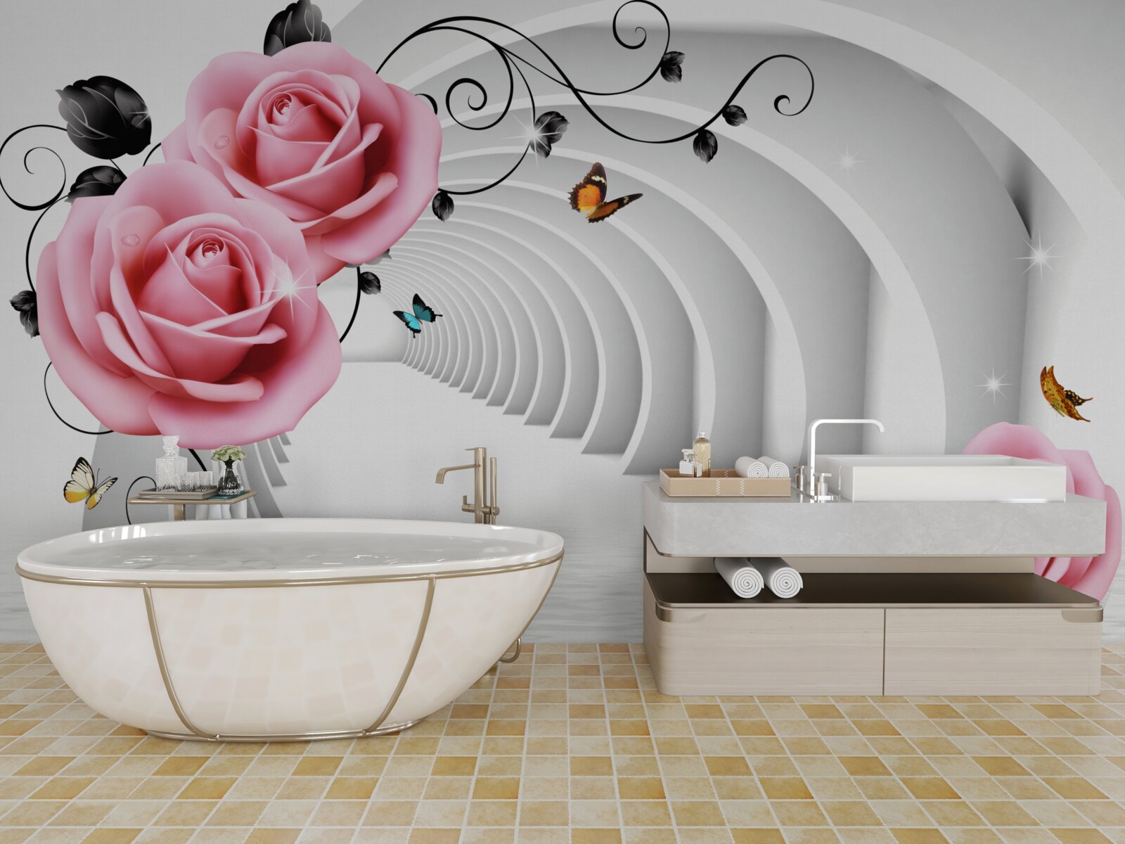 Fototapeta nieustanne świecące przejście i różowawe kwiaty róży