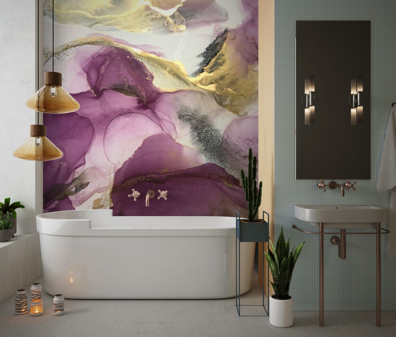 Fototapeta abstrakcja w postaci ptaków na fioletowych liściach