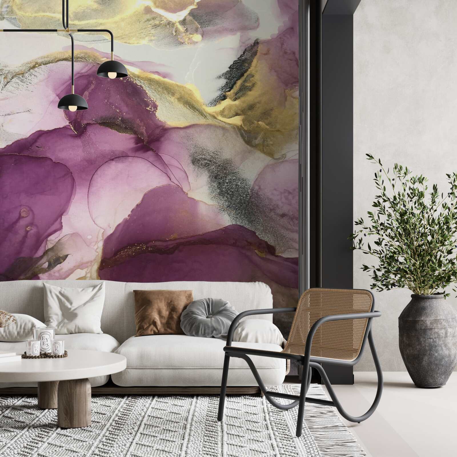 Fototapeta abstrakcja w postaci ptaków na fioletowych liściach