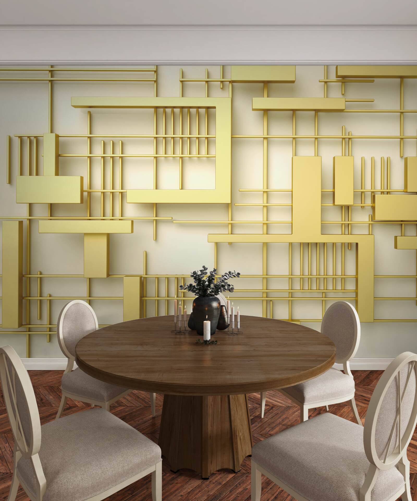 Fototapeta geometryczne kształty wykonane ze złota, umieszczone na złotej siatce