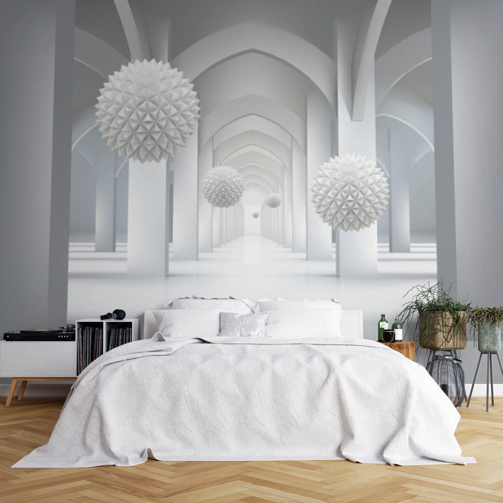 Fototapeta abstrakcja z geometrycznymi łukami i lewitującymi kulami