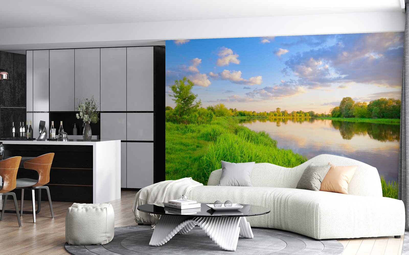 Fototapeta spokojna rzeka obok zielonej łąki