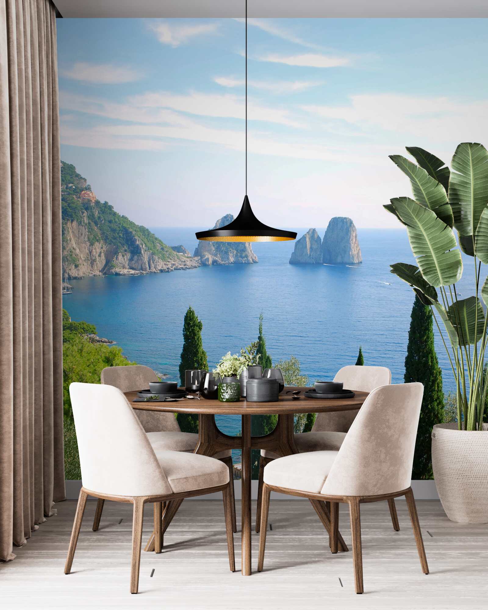 Fototapeta skalisty brzeg i wysokie cyprysy