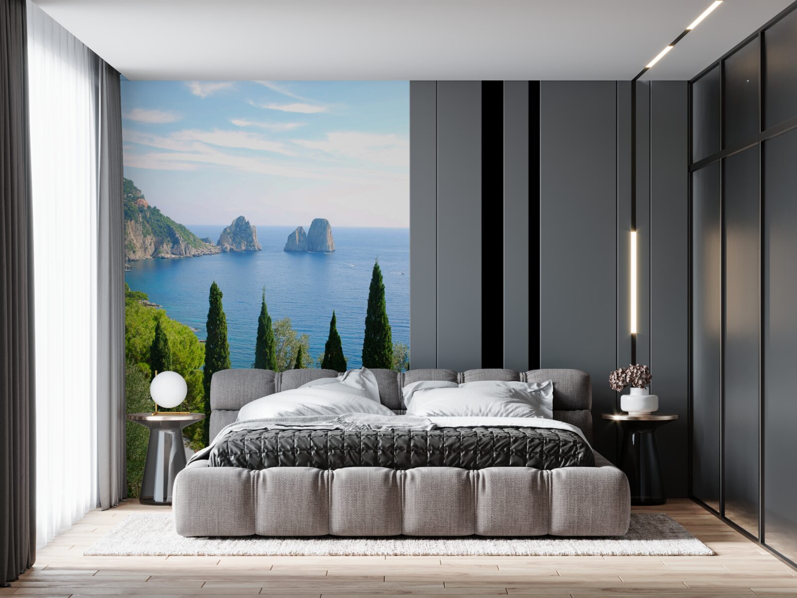 Fototapeta skalisty brzeg i wysokie cyprysy