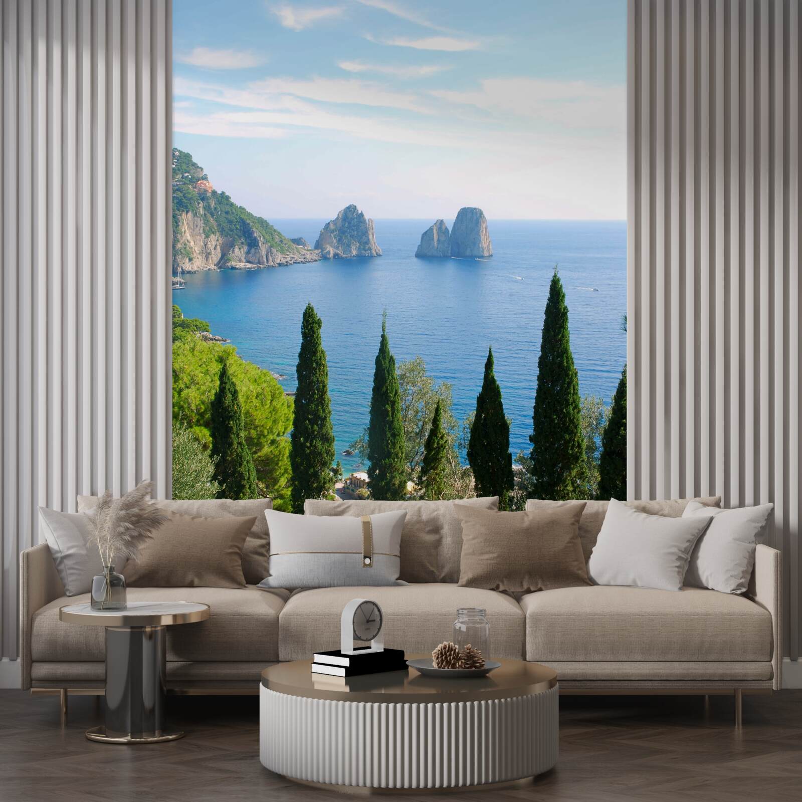 Fototapeta skalisty brzeg i wysokie cyprysy