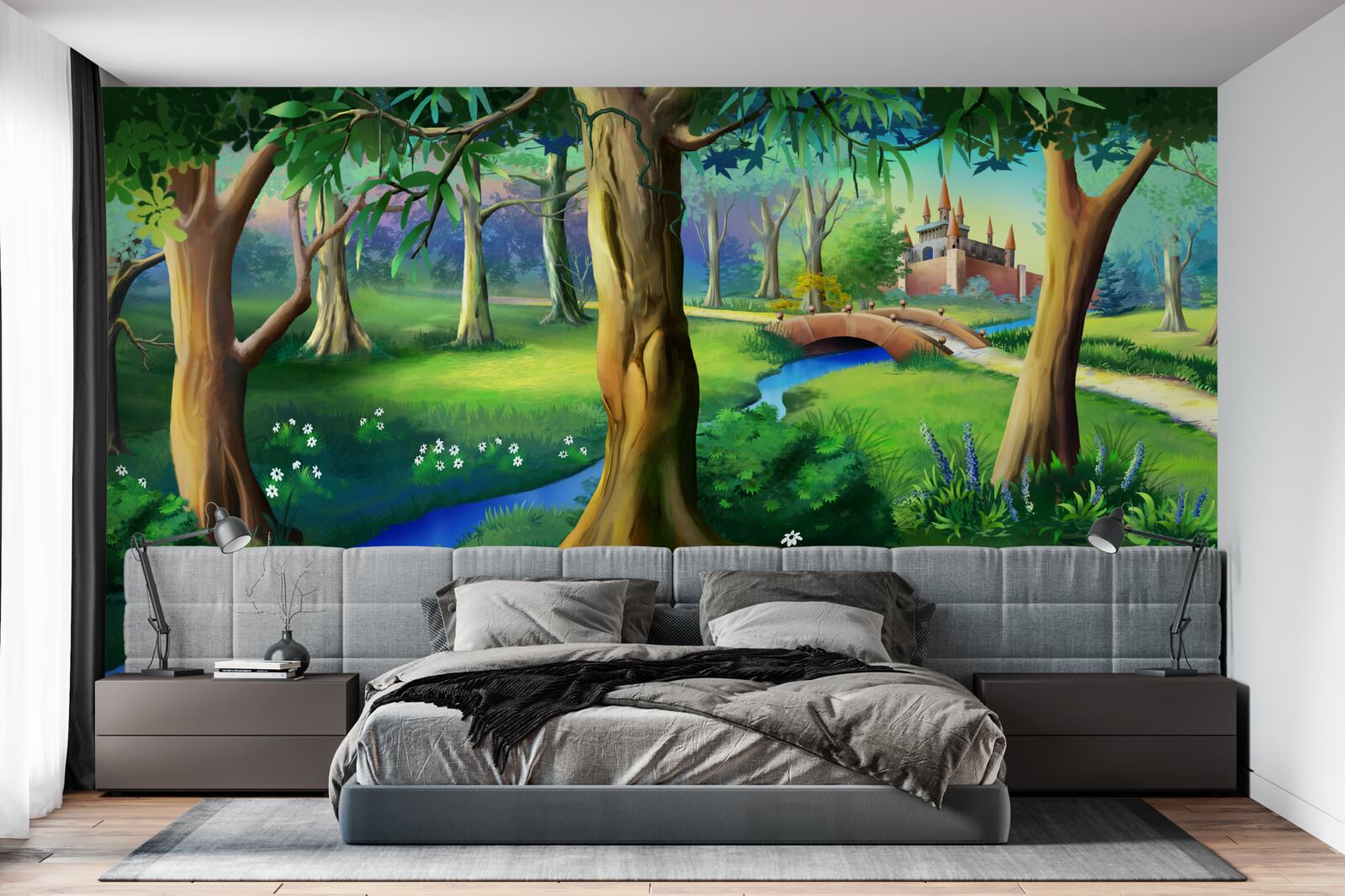 Fototapeta smukłe drzewa pnące się w górę i rzeka na łące