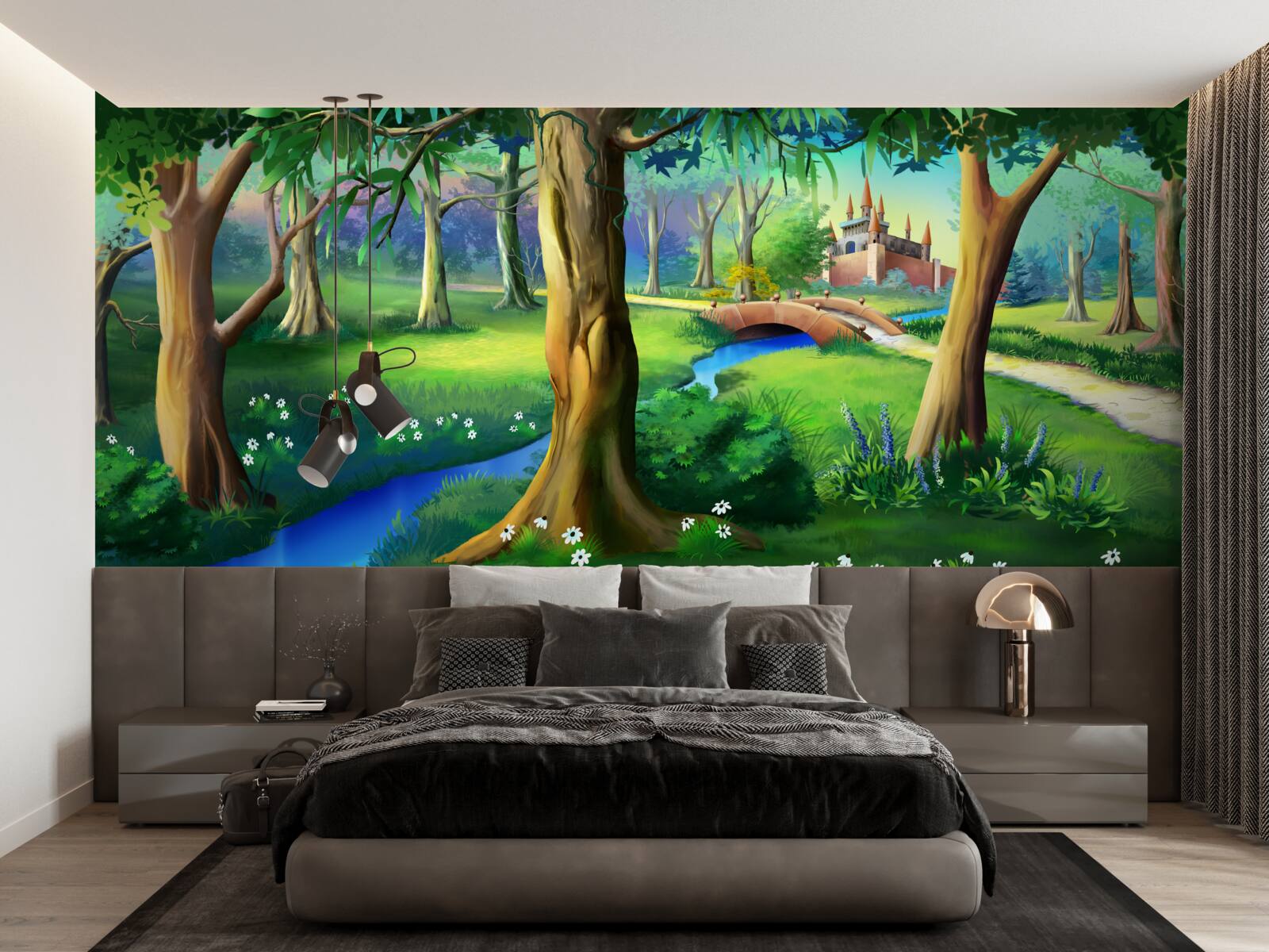 Fototapeta smukłe drzewa pnące się w górę i rzeka na łące