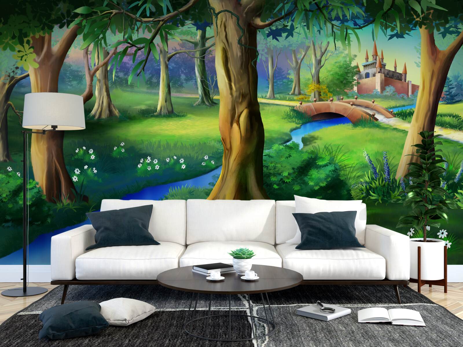 Fototapeta smukłe drzewa pnące się w górę i rzeka na łące