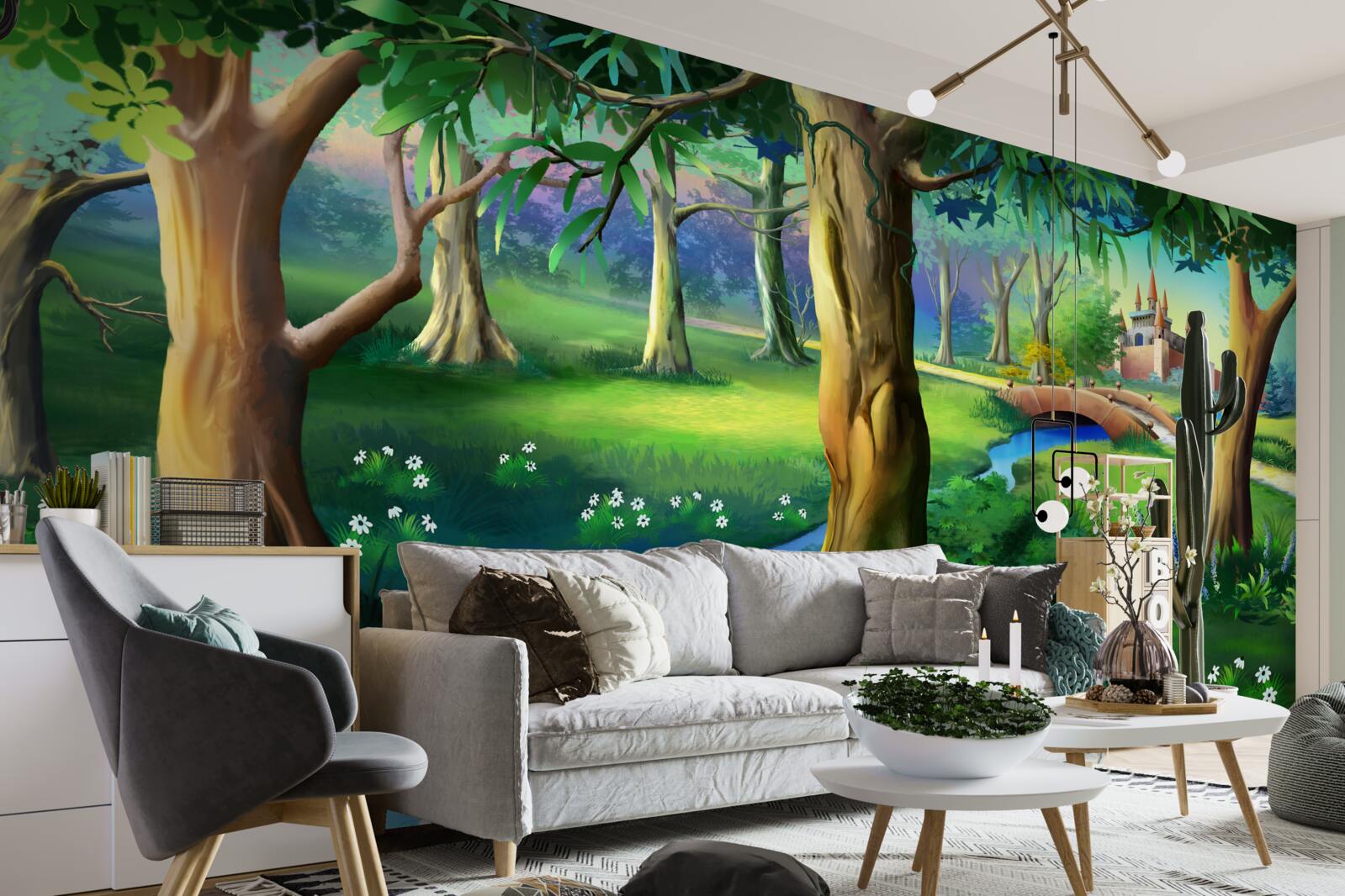 Fototapeta smukłe drzewa pnące się w górę i rzeka na łące