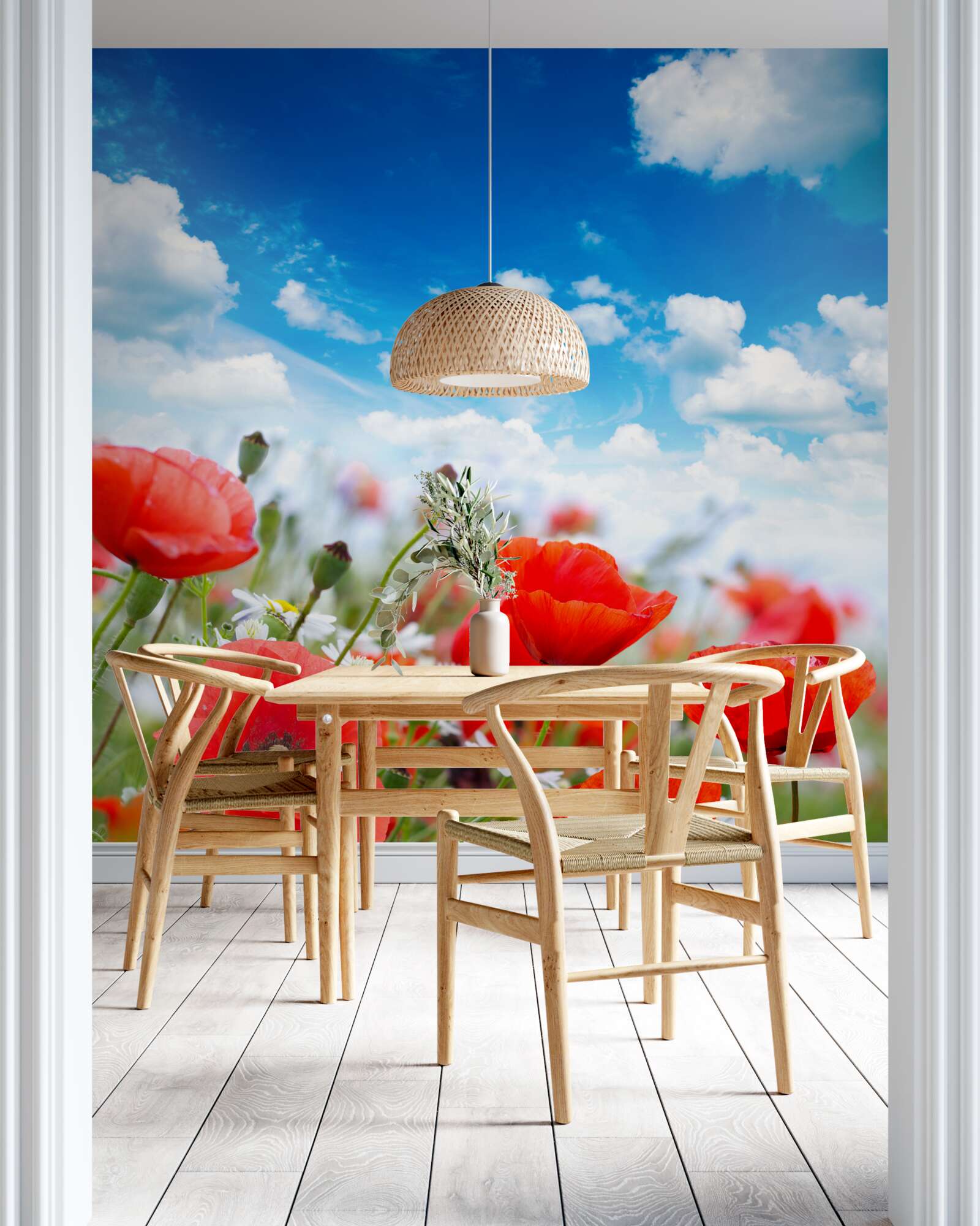 Fototapeta łąka usiana czerwonymi makami i białymi stokrotkami