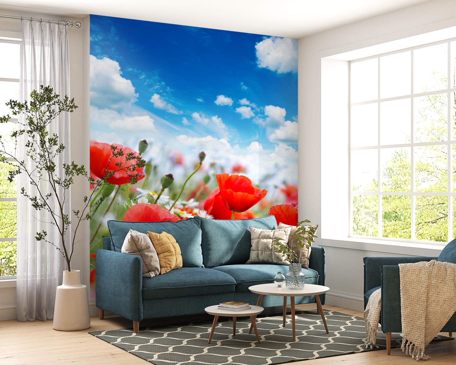 Fototapeta łąka usiana czerwonymi makami i białymi stokrotkami