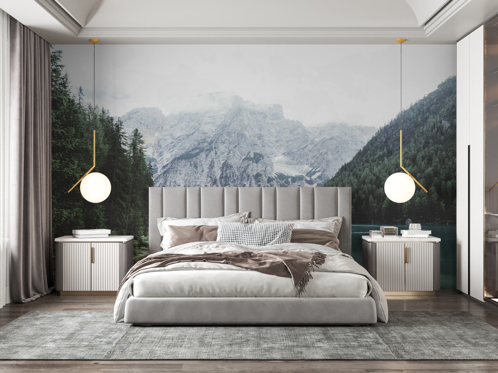 Fototapeta spokojna rzeka w górach wśród drzew iglastych