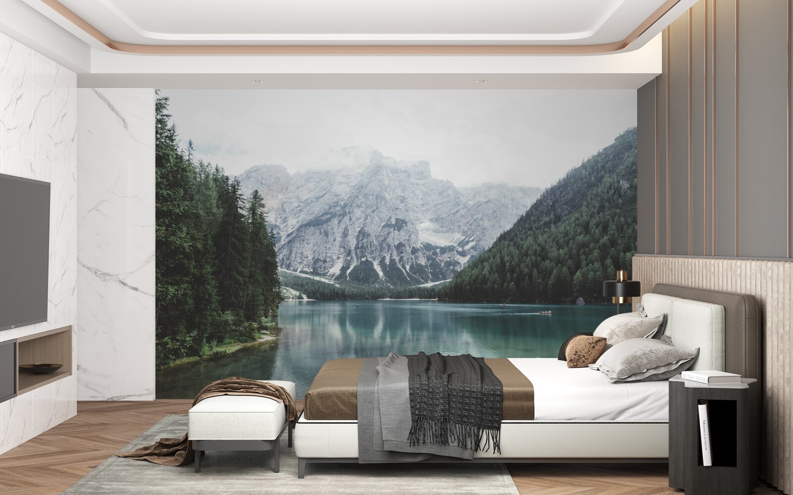 Fototapeta spokojna rzeka w górach wśród drzew iglastych