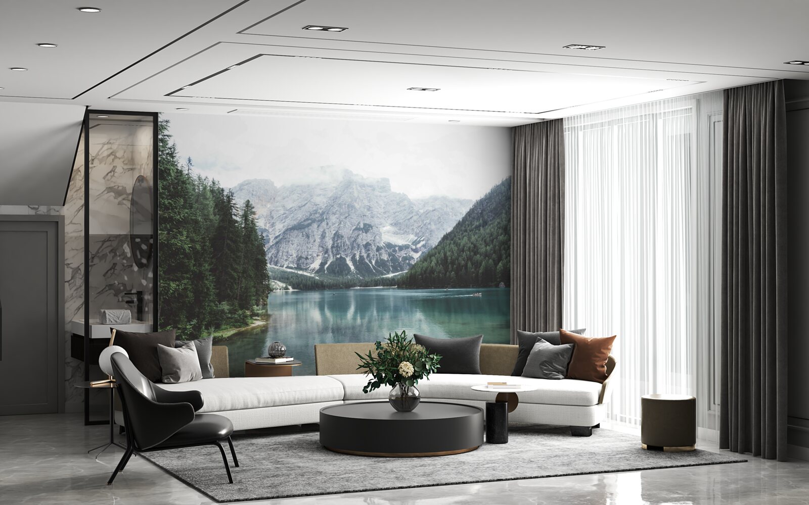 Fototapeta spokojna rzeka w górach wśród drzew iglastych