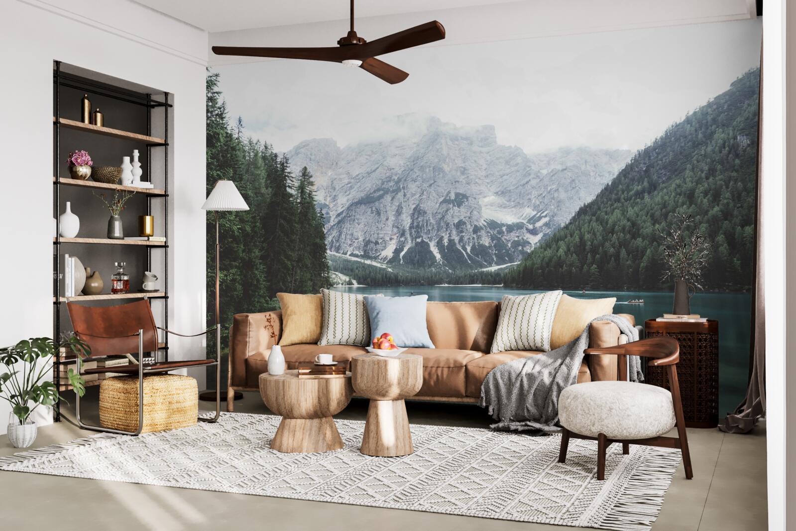 Fototapeta spokojna rzeka w górach wśród drzew iglastych