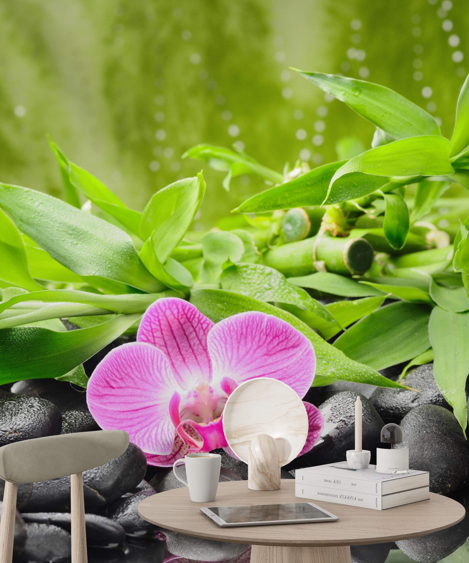 Fototapeta orchidea z wdziękiem umieszczona na ciemnym kamieniu w pobliżu wody