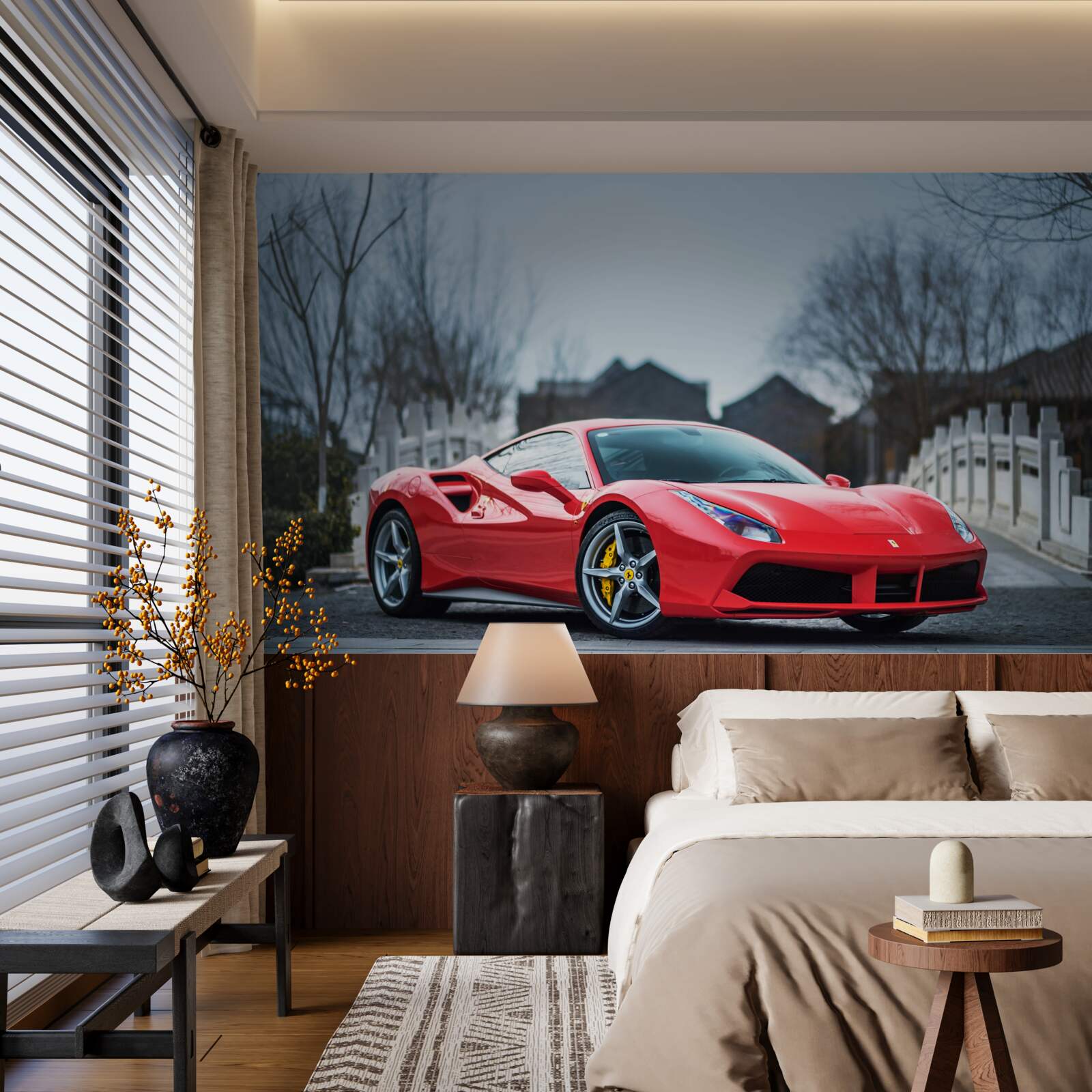 Fototapeta wspaniałe szkarłatne czerwone ferrari w deszczową pogodę