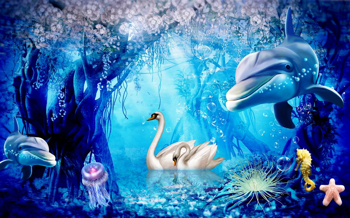 Fototapeta Łabędzie i delfiny pod wodą
