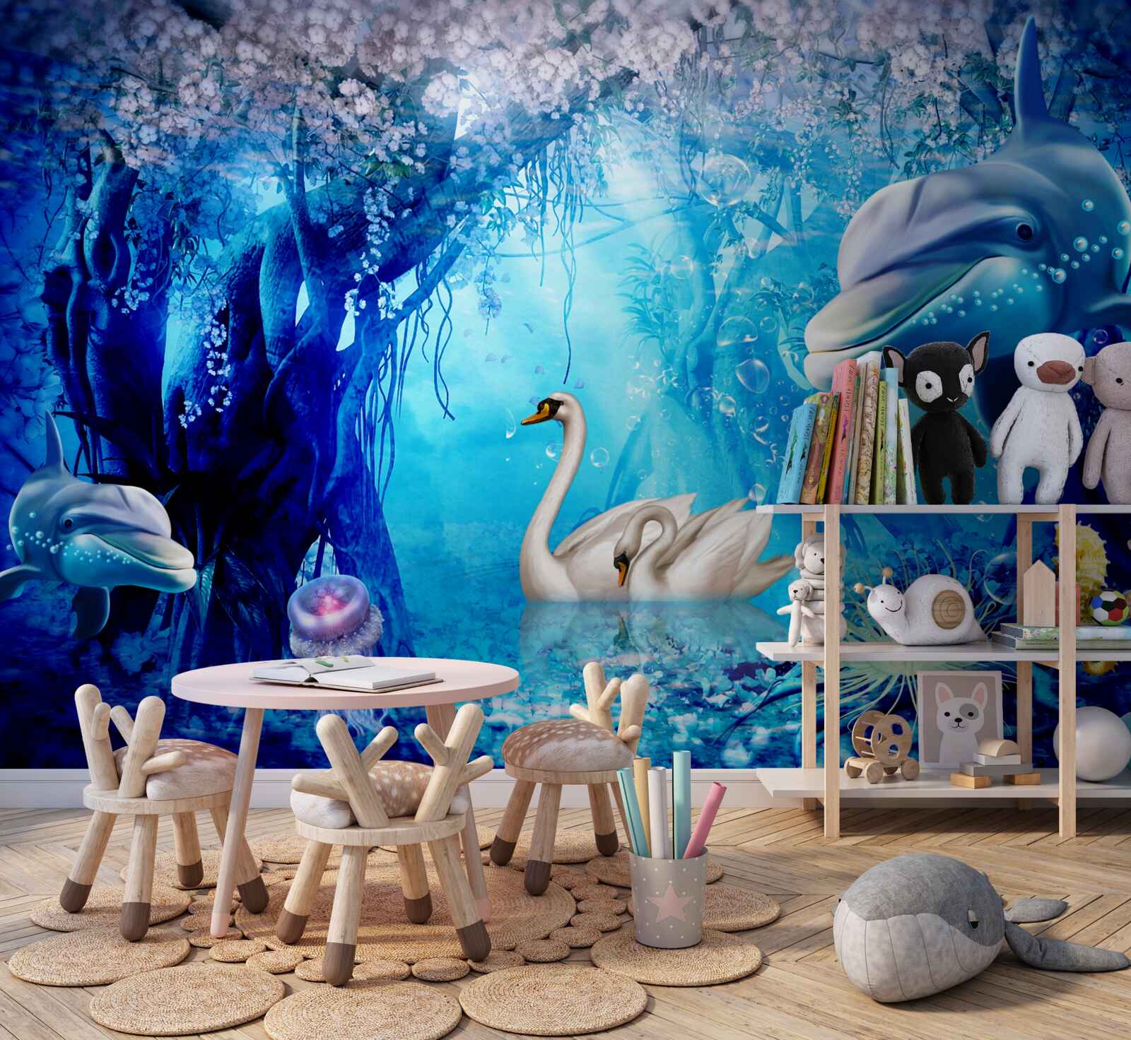 Fototapeta Łabędzie i delfiny pod wodą