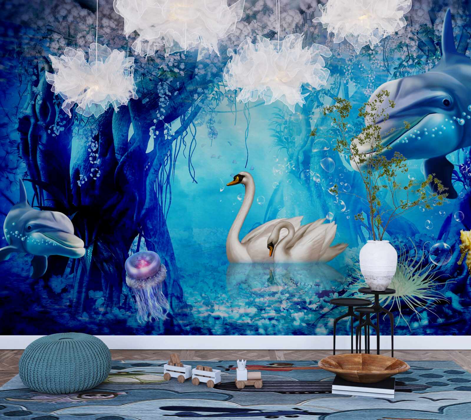 Fototapeta Łabędzie i delfiny pod wodą