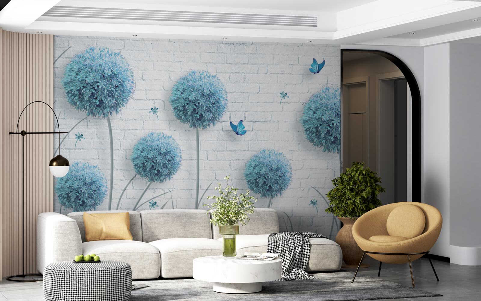 Fototapeta niebieskie okrągłe kwiaty na białym murze