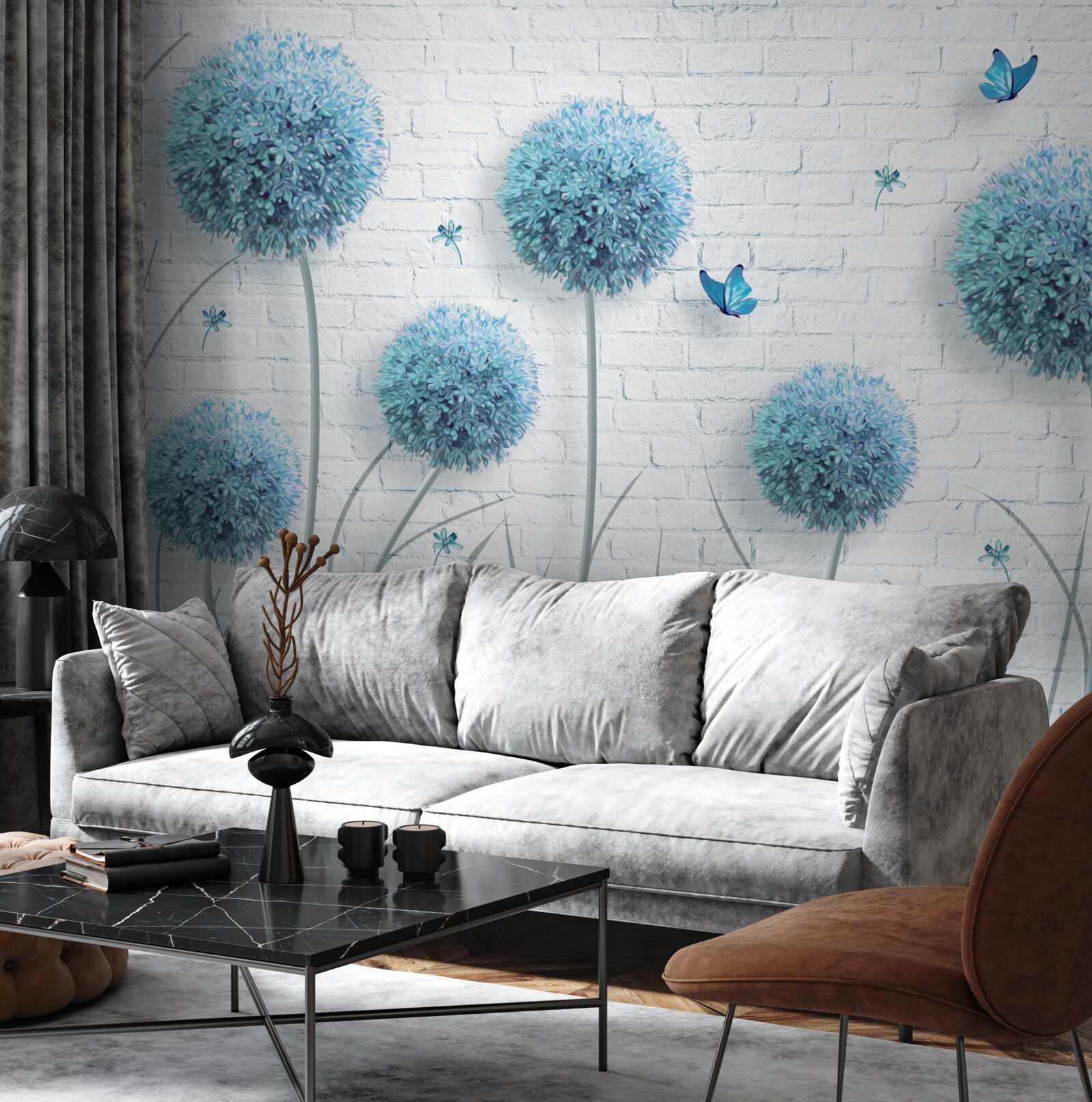 Fototapeta niebieskie okrągłe kwiaty na białym murze