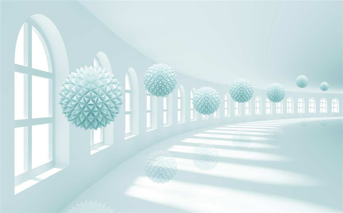 Fototapeta przejście z oknami i niebieskimi kulkami