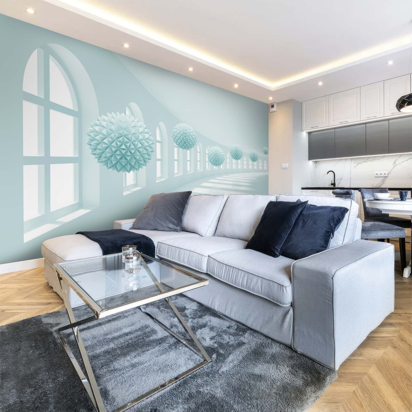 Fototapeta przejście z oknami i niebieskimi kulkami