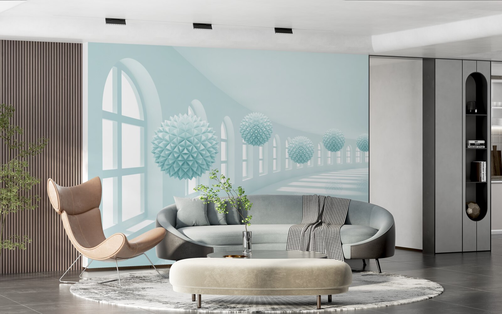 Fototapeta przejście z oknami i niebieskimi kulkami