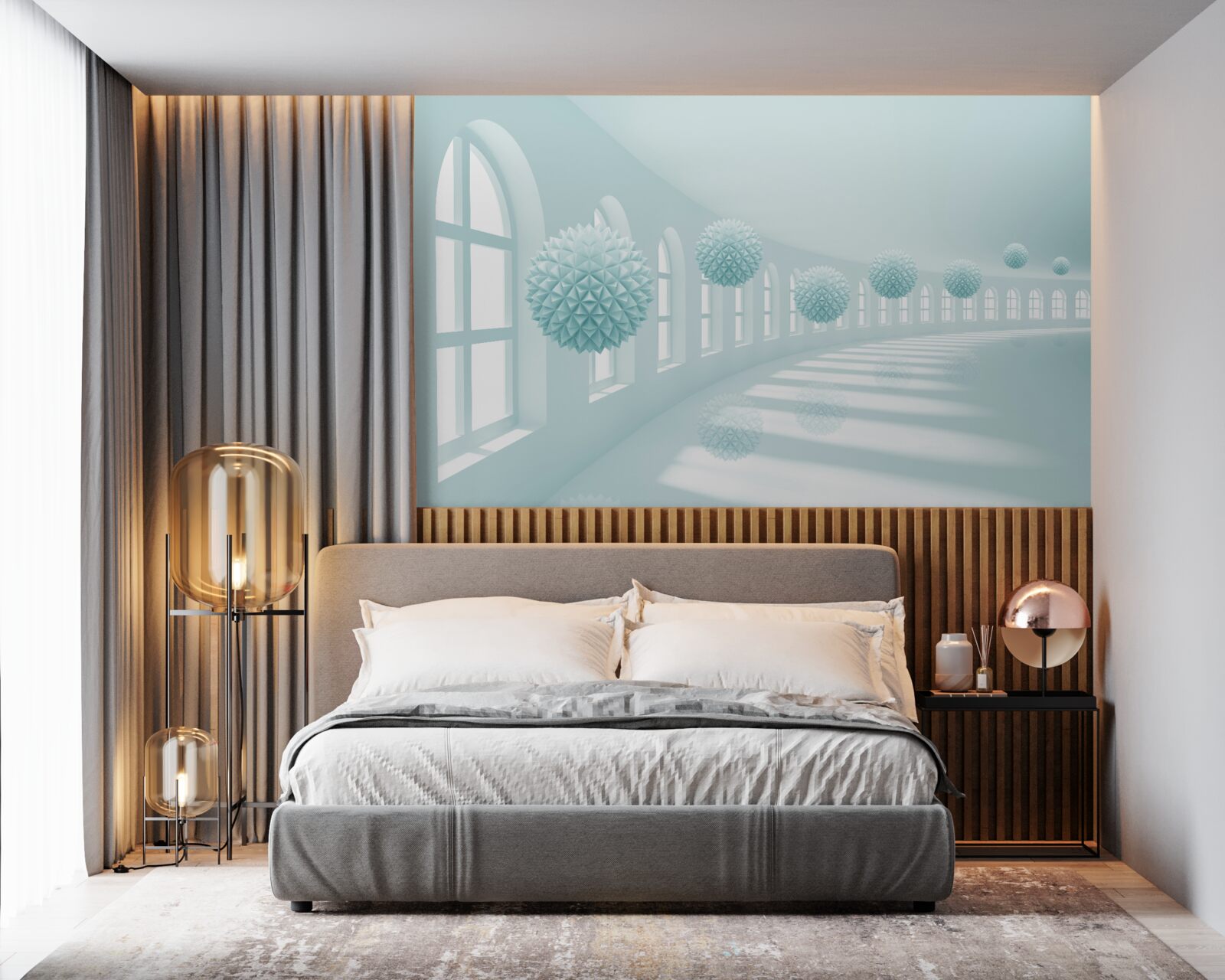 Fototapeta przejście z oknami i niebieskimi kulkami