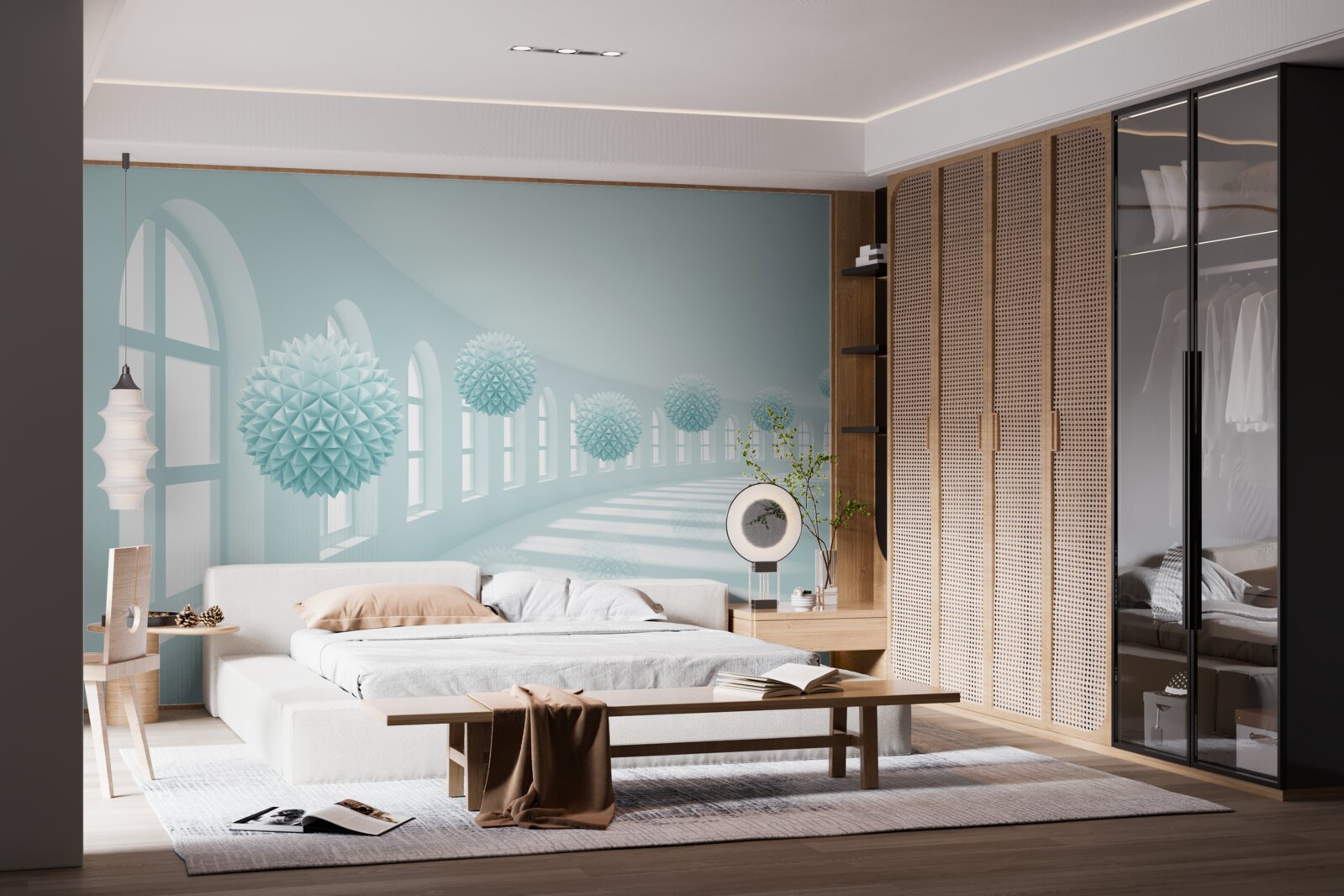 Fototapeta przejście z oknami i niebieskimi kulkami