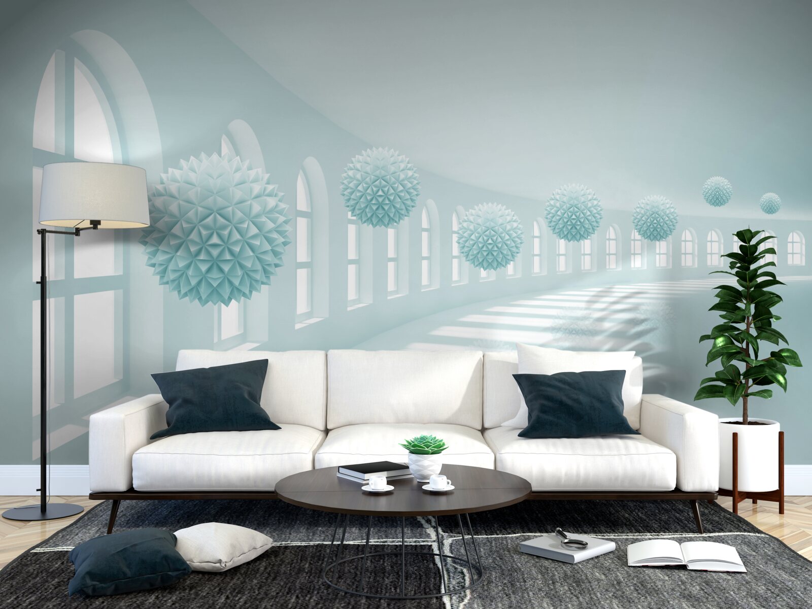 Fototapeta przejście z oknami i niebieskimi kulkami