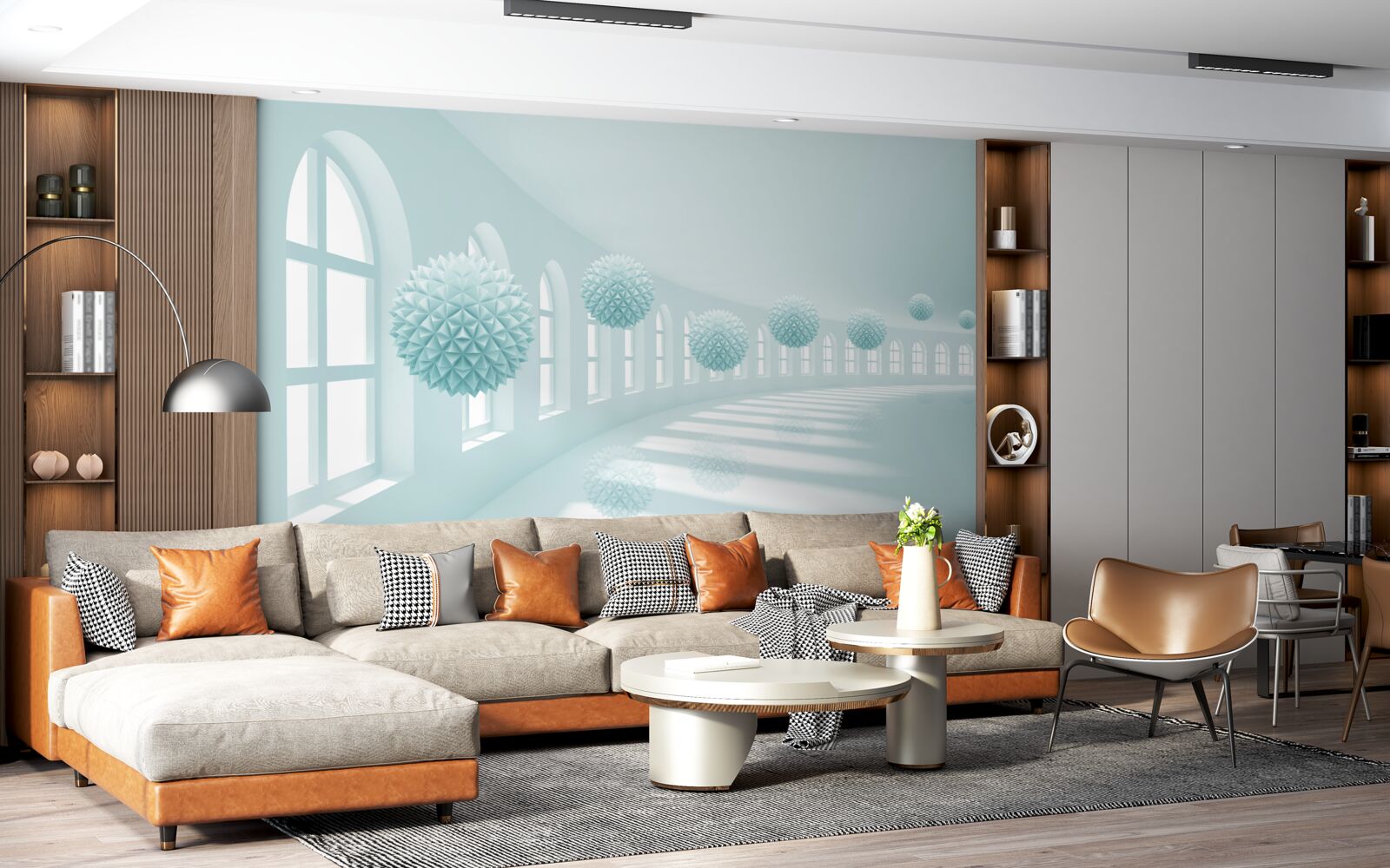 Fototapeta przejście z oknami i niebieskimi kulkami