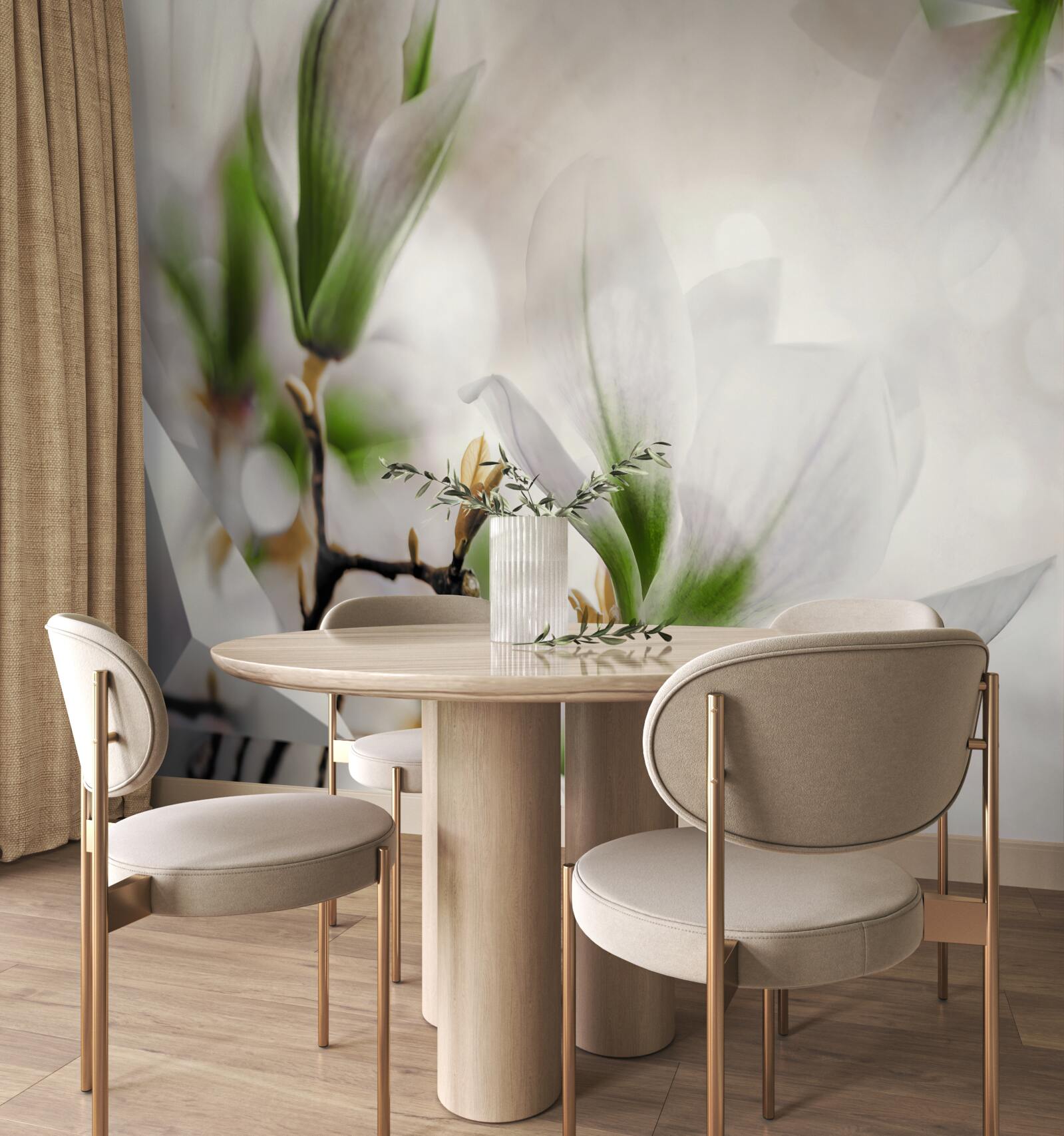 Fototapeta kwiaty w odcieniach bieli i zieleni połączone z geometrycznymi kształtami