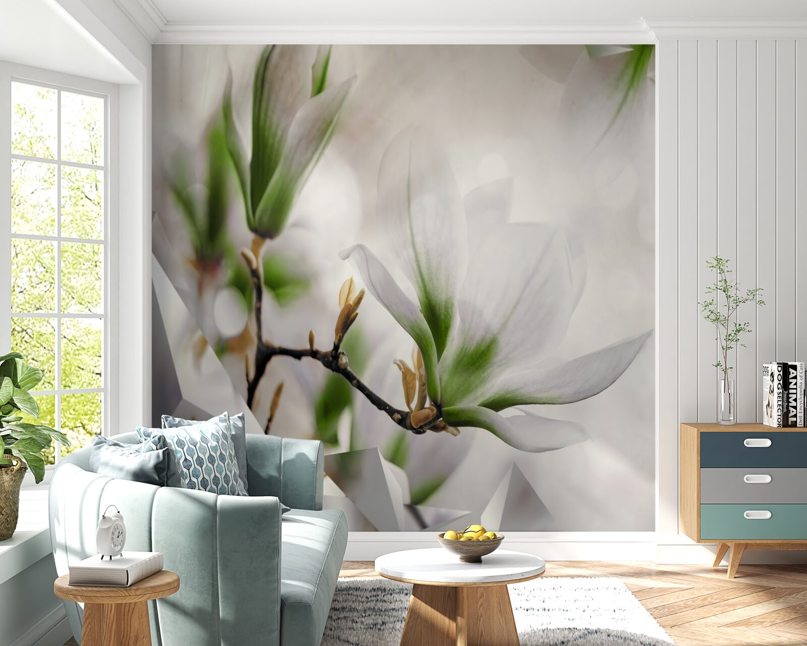 Fototapeta kwiaty w odcieniach bieli i zieleni połączone z geometrycznymi kształtami