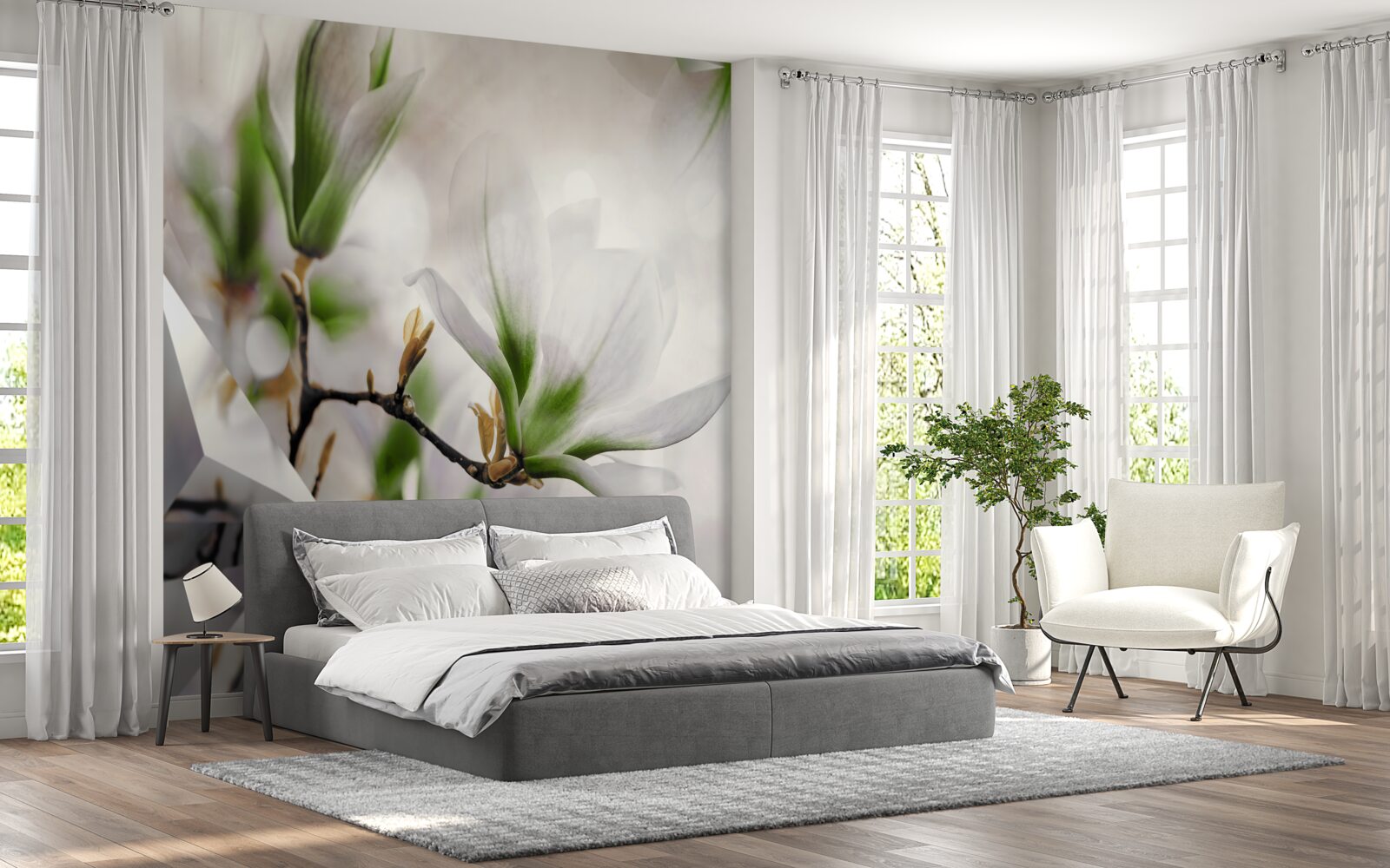 Fototapeta kwiaty w odcieniach bieli i zieleni połączone z geometrycznymi kształtami