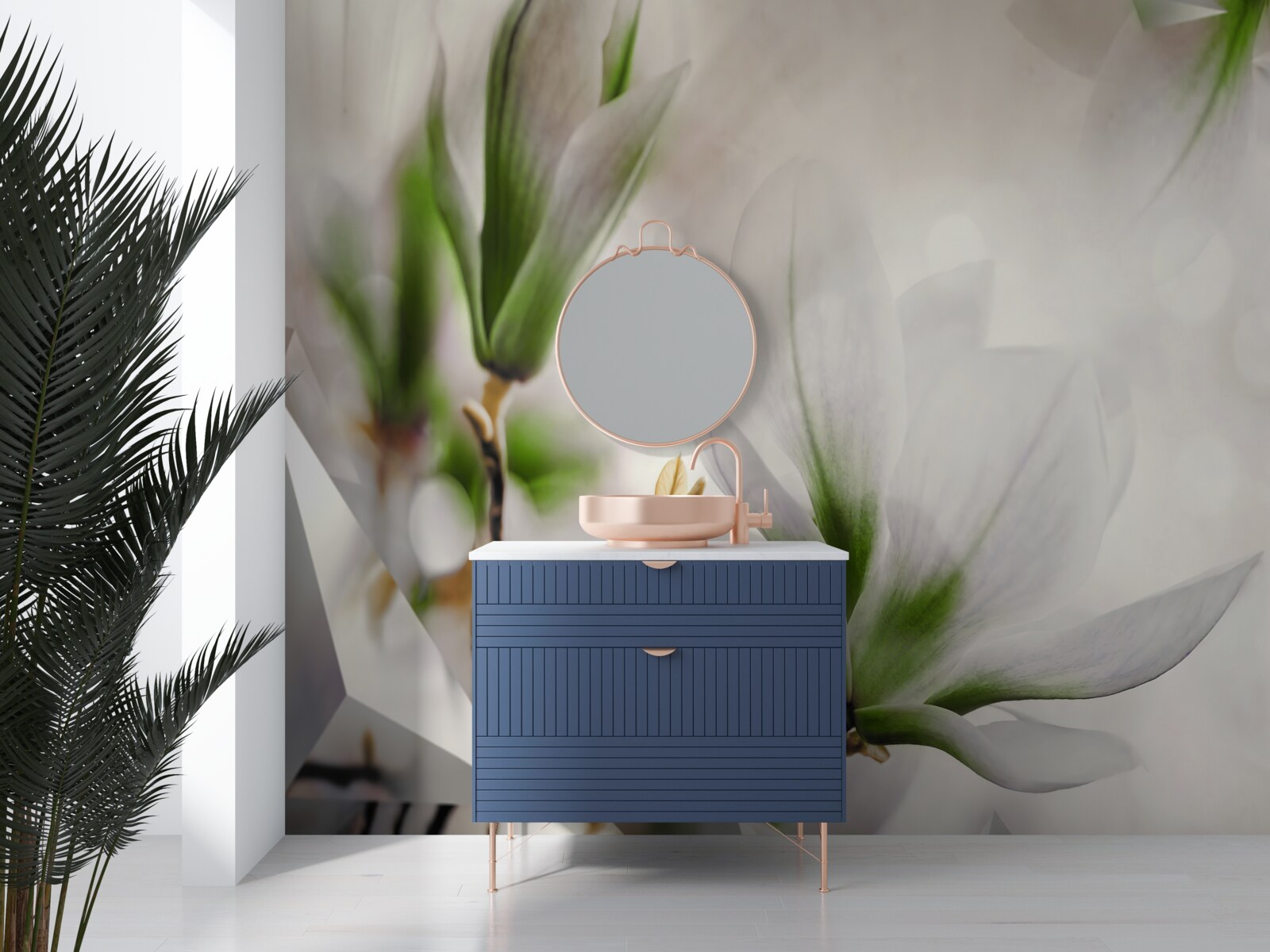 Fototapeta kwiaty w odcieniach bieli i zieleni połączone z geometrycznymi kształtami