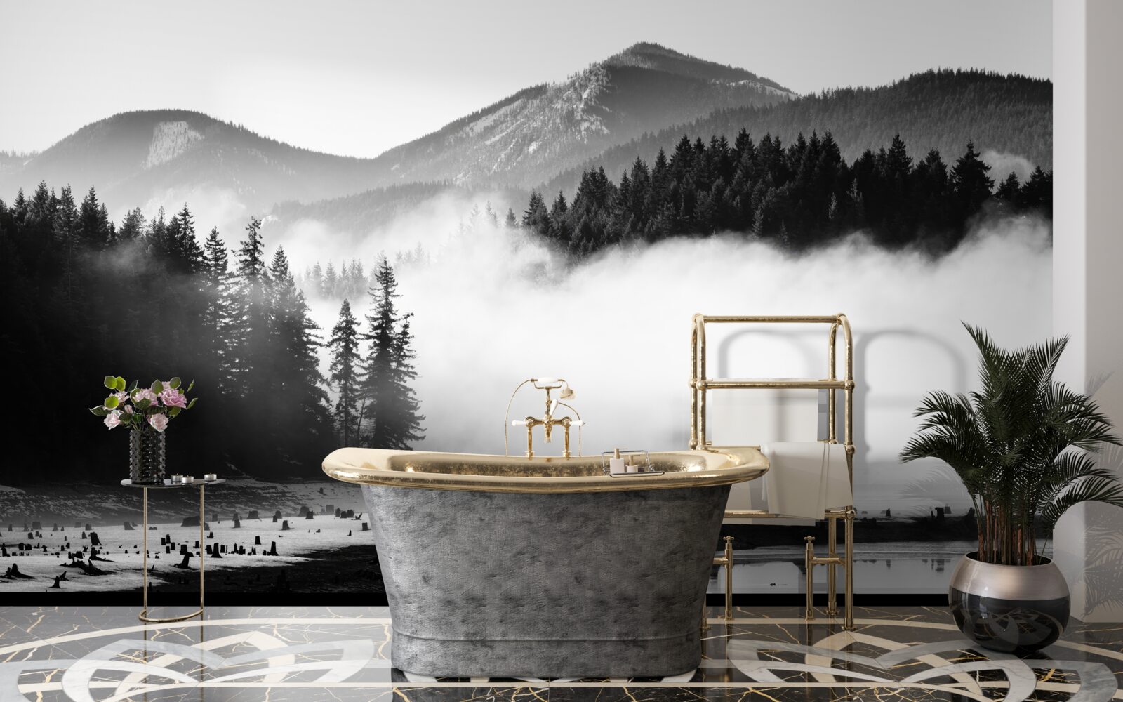 Fototapeta ośnieżone szczyty zasłonięte mgłą