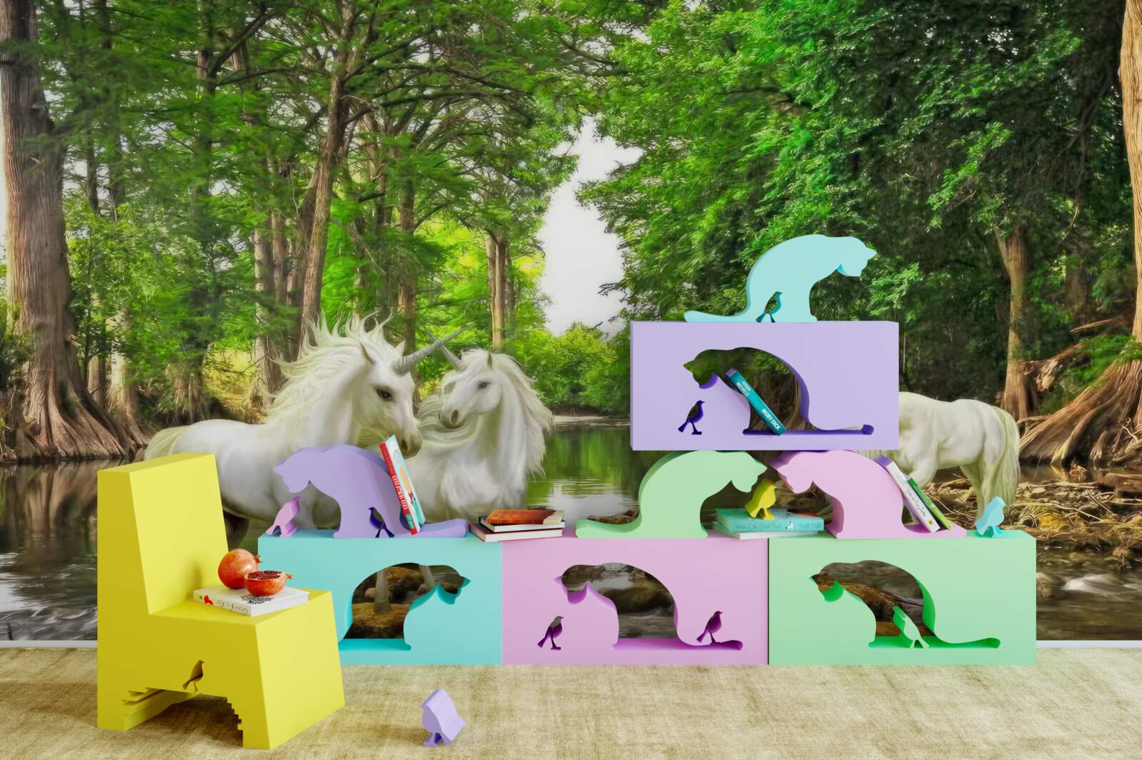 Fototapeta w lesie nad wodą znajdują się trzy lekkie pegazy