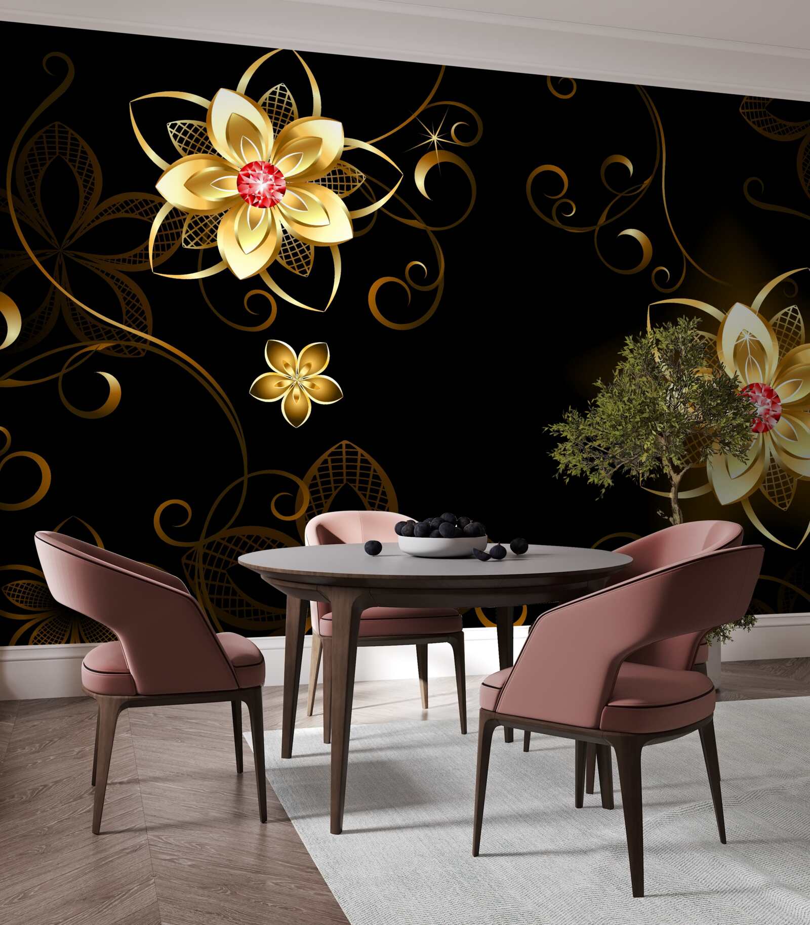 Fototapeta złote kwiaty na czarnym tle