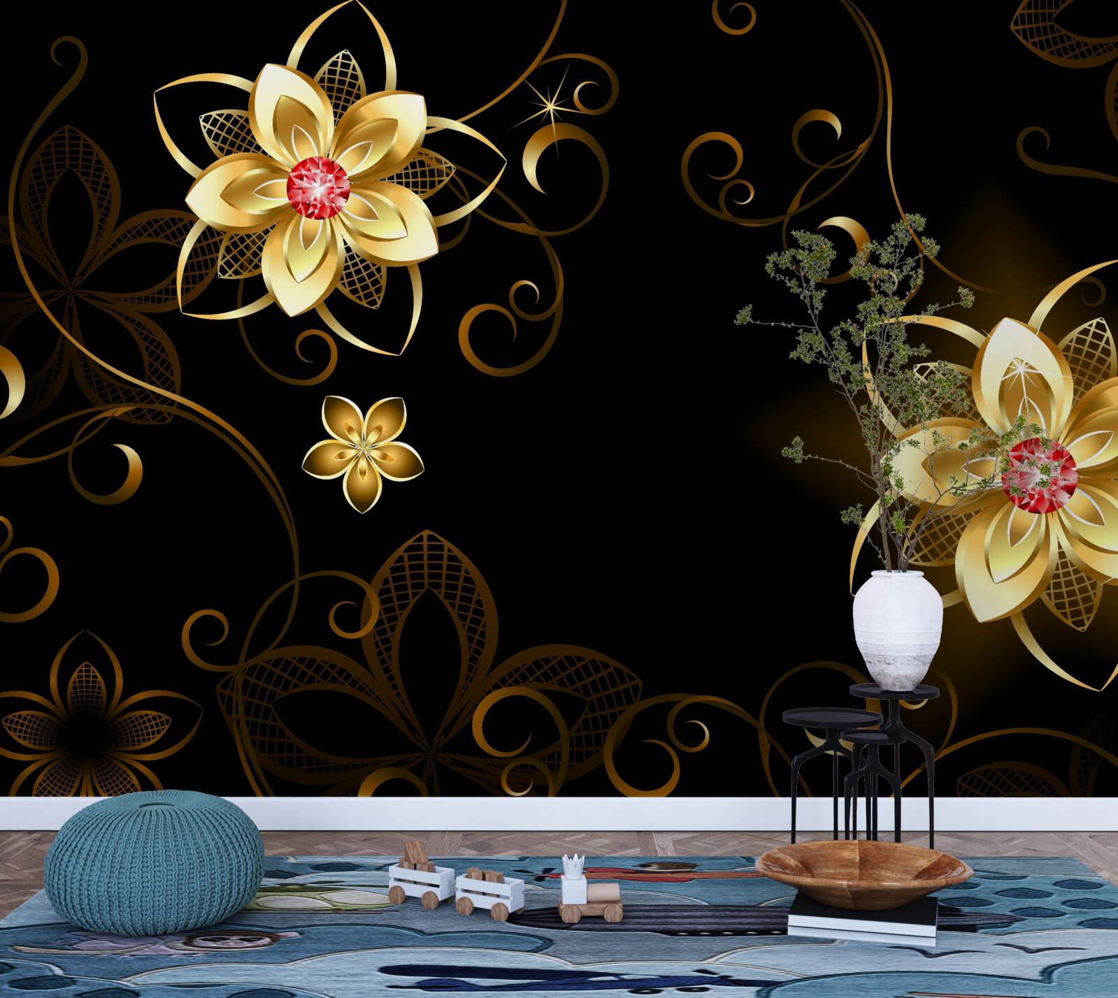 Fototapeta złote kwiaty na czarnym tle