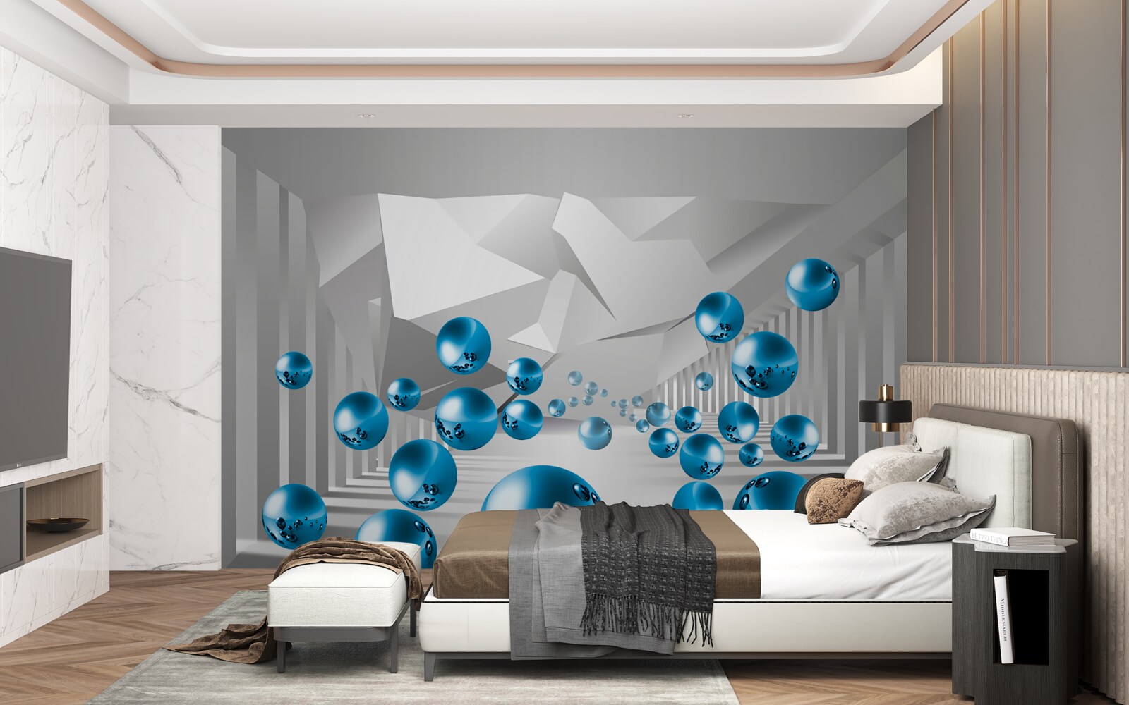 Fototapeta wolumetryczne niebieskie kulki na korytarzu